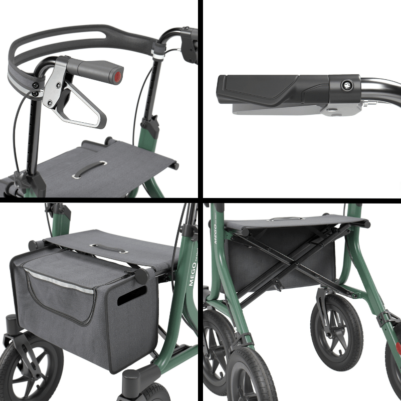Details des grünen MEGO 2G Rollators: Griffe, Bremse, abnehmbare Tasche und Sitzfläche