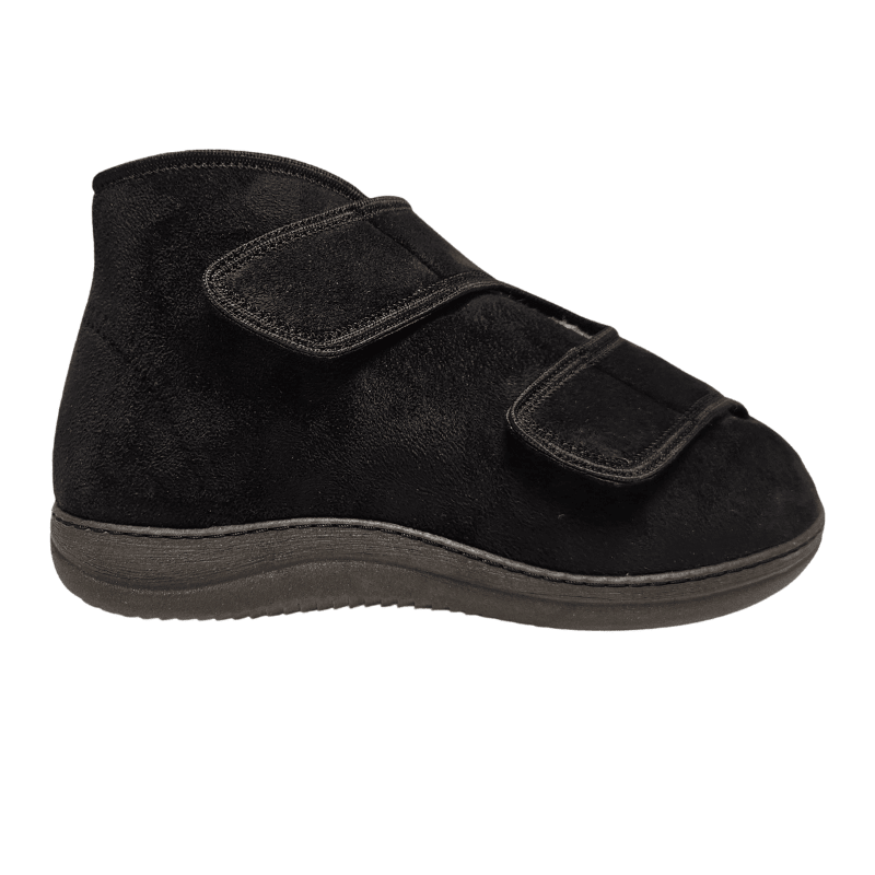 Schwarzer hoher Therapieschuh mit zwei breiten Klettverschlüssen von der Seite