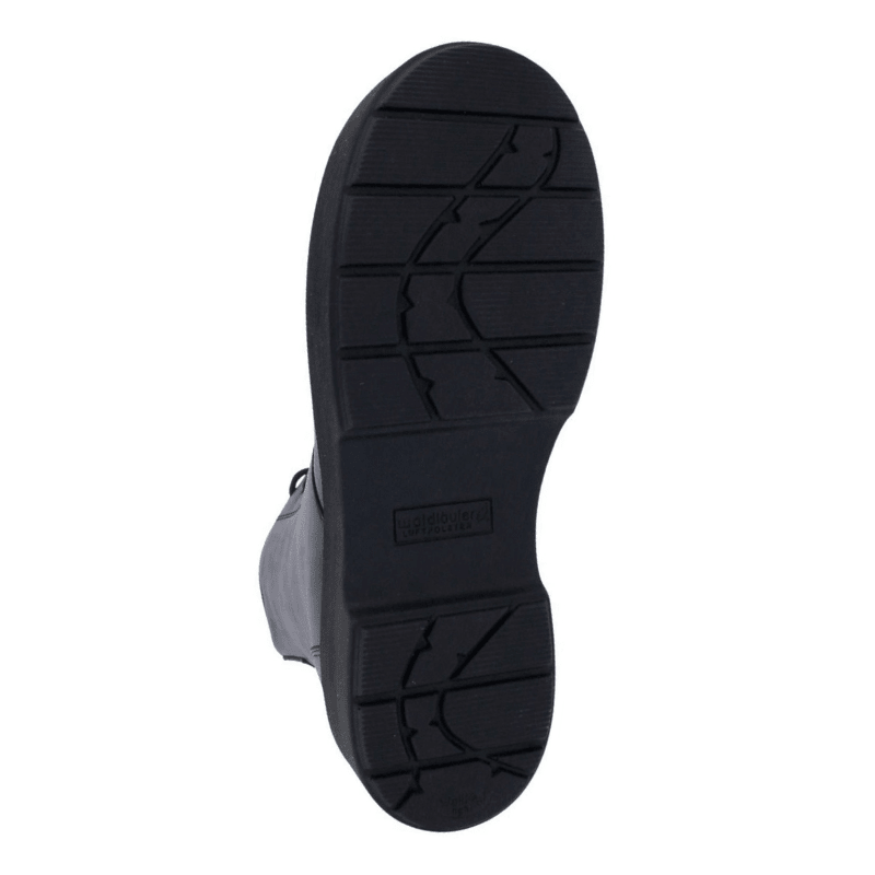 Schwarze Waldläufer Damenstiefel-Außensohle mit rutschfestem Profil und Logo, von unten gesehen