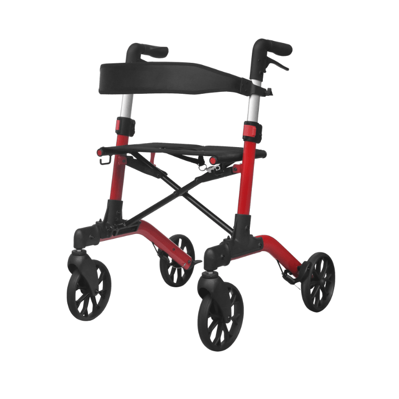 Roter Mambo Rollator von der Seite ohne Tasche, der den Kreuzrahmen unter dem Sitz zeigt