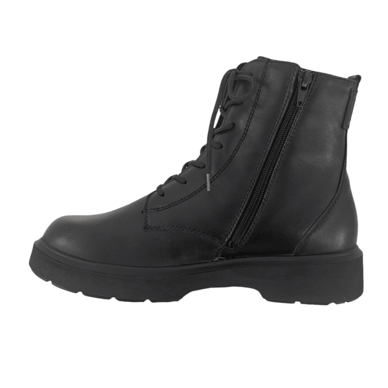 Schwarzer Waldläufer Damenstiefel aus Leder, seitlich mit sichtbarem Reißverschluss und Schnürsenkeln