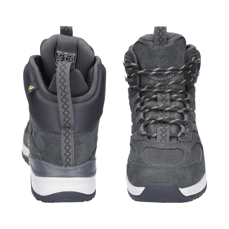 Zwei graue Waldläufer Outdoor-Damenstiefel von vorne und hinten mit Schnürsenkeln und Zugschlaufe