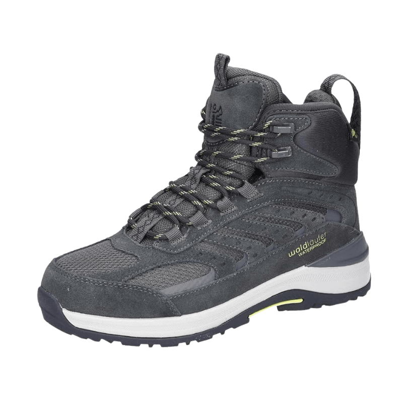 Waldläufer Outdoor-Damenstiefel in Anthrazit aus Veloursleder und Textil, schräg von vorne mit „Waterproof“-Logo