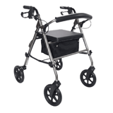 Grauer Ibis Rollator schräg von vorne mit gepolstertem Sitz, Rückenlehne und Textilkorb