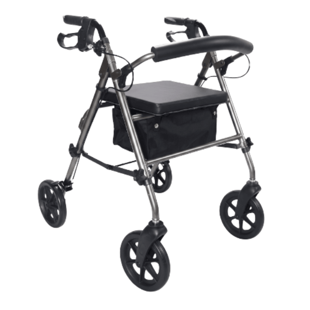 Grauer Ibis Rollator schräg von vorne mit gepolstertem Sitz, Rückenlehne und Textilkorb