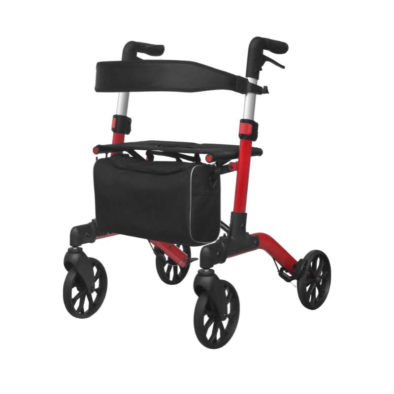 Roter Mambo Rollator von vorne mit schwarzer Tasche unter dem Sitz und verstellbarer Rückenlehne