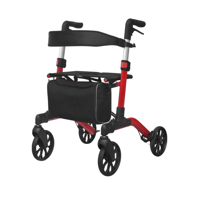 Roter Mambo Rollator von vorne mit schwarzer Tasche unter dem Sitz und verstellbarer Rückenlehne