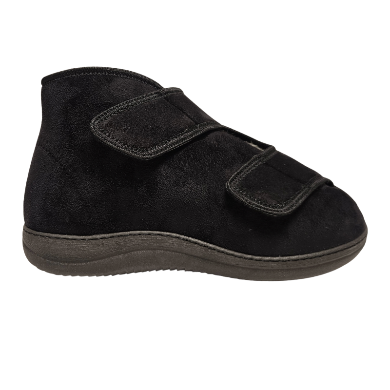Schwarzer hoher Therapieschuh mit zwei breiten Klettverschlüssen von der Seite