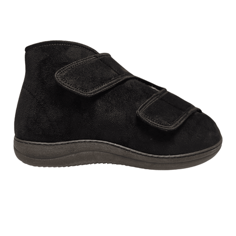 Schwarzer hoher Therapieschuh mit zwei breiten Klettverschlüssen von der Seite