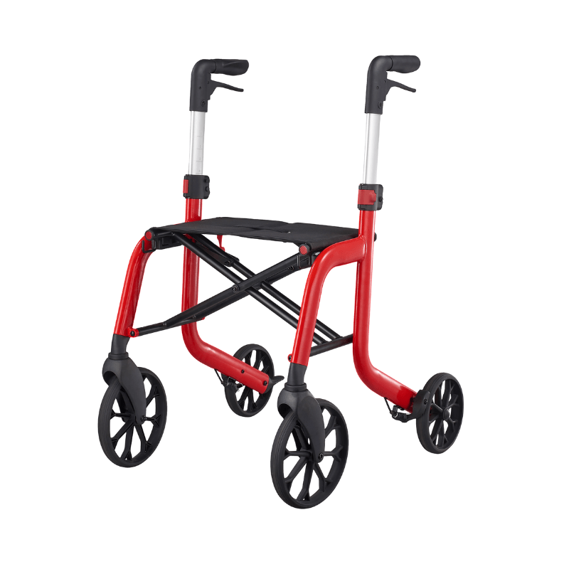 Leichter roter Samba Rollator mit schwarzem Sitz, von vorne und ohne Zubehör
