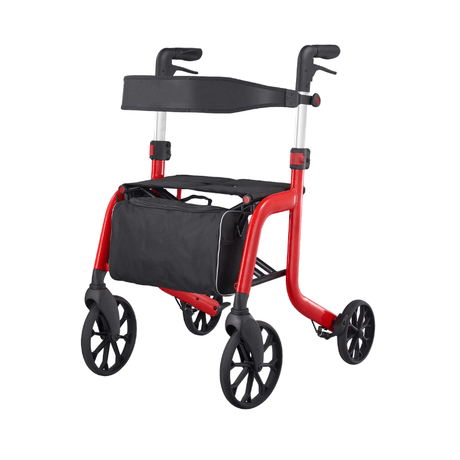 Roter Samba Rollator von vorne mit schwarzem Sitz, Rückenlehne und praktischer Tasche