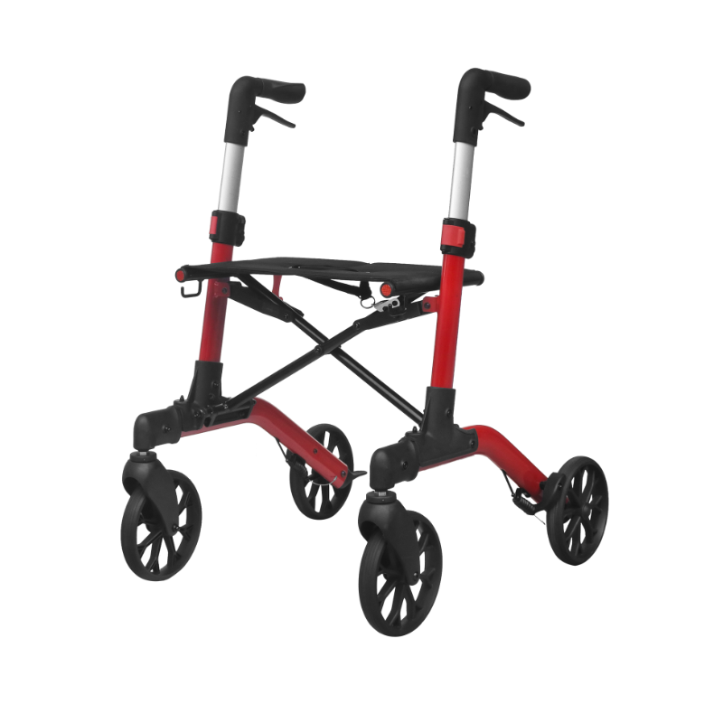 Roter Mambo Rollator von vorne mit höher eingestellten Griffen, ohne Tasche unter dem Sitz