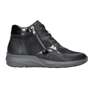 Schwarzer Waldläufer Damenstiefel mit Schnürung und Reißverschluss, Seitenansicht. Glänzende und matte Textur
