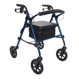 Blauer Ibis Rollator schräg von vorne, mit gepolstertem Sitz, Rückenlehne und praktischem Textilkorb