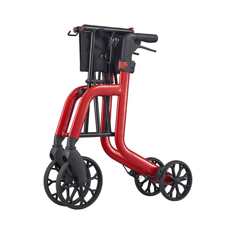 Roter Samba Rollator schräg von vorne gefaltet, kompakt für einfache Lagerung